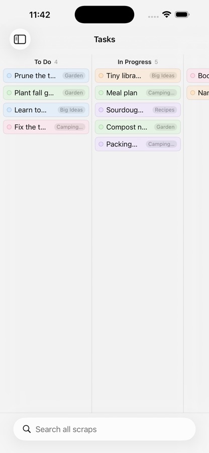 The combined Tasks board on iPhone, every pile's lanes in one place