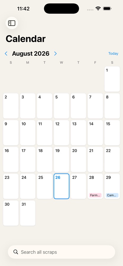 The calendar on iPhone with dated scraps on their days