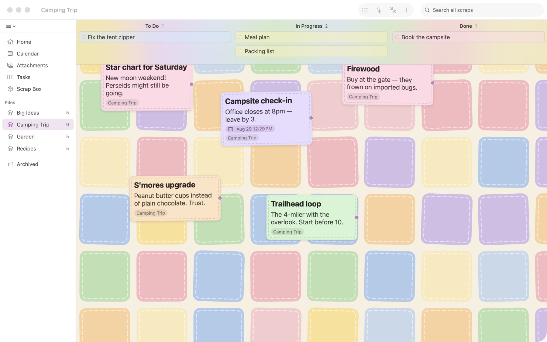 All These Scraps on the Mac: the Camping Trip pile, scraps laid out on a pastel patchwork table with To Do, In Progress, and Done lanes across the top