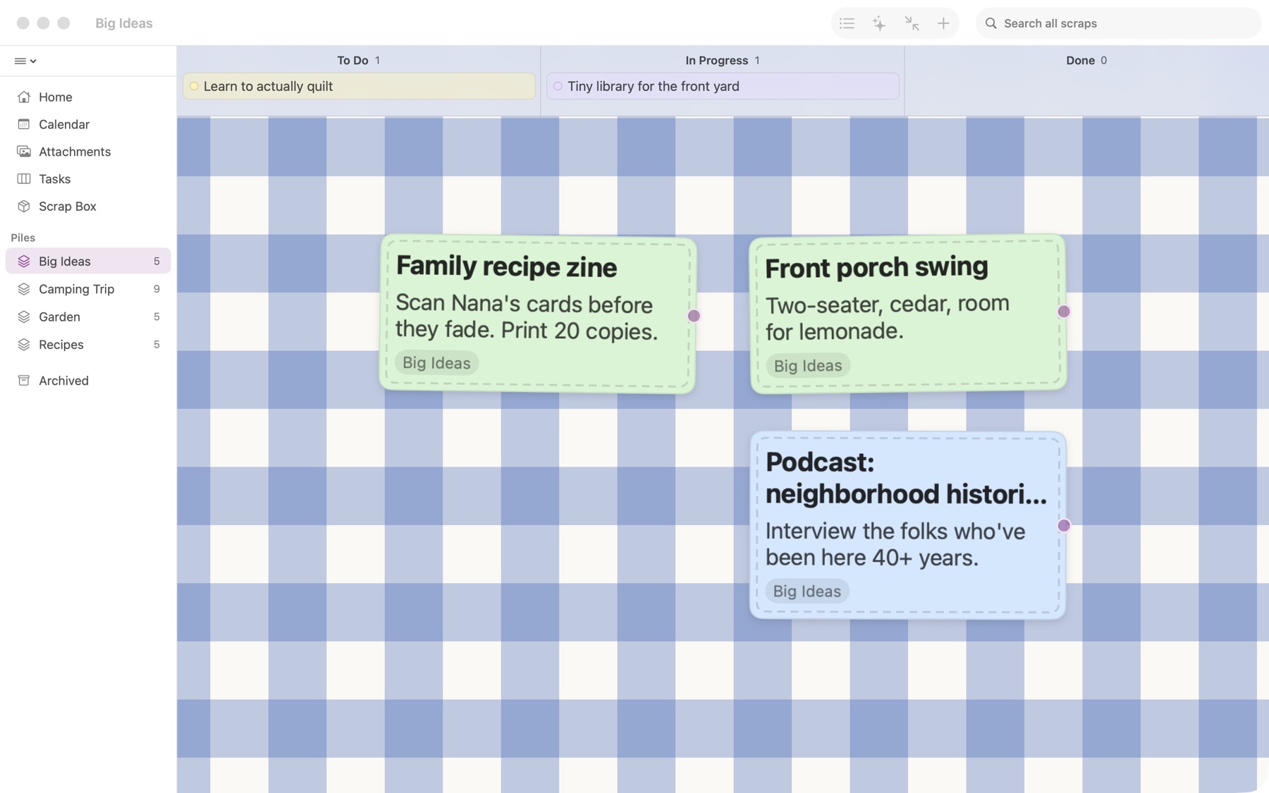 The Big Ideas pile on the Mac on a blue gingham tablecloth